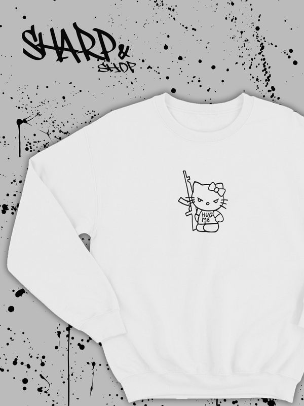 Свитшот Hello Kitty белый женский Аниме Куроми оверсайз дрейн толстовка без капюшона с принтом Хелло Китти геншин импакт однотонная с надписью Хело Кити с рисунком с котом bts токийские мстители