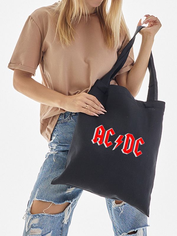 Шоппер черный с принтом ACDC. Сумка для шопинга на плечо тканевая, мужская и женская.