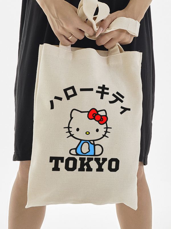 Сумка шоппер бежевый Аниме Hello Kitty Куроми дрейн тканевая с принтом Хелло Китти геншин импакт однотонный мягкий большая с надписью Хело Кити через плечо с котом bts токийские мстители
