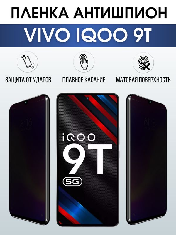 Защитная гидрогелевая пленка для смартфона Vivo IQOO 9t. Полиуретановая плёнка антишпион на мобильный телефон, для защиты экрана.