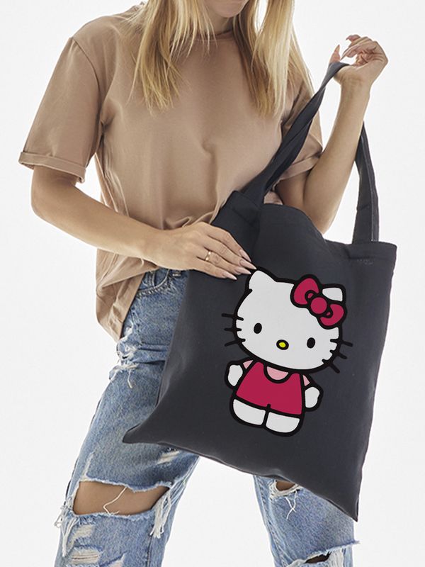 Сумка шоппер черный Аниме Hello Kitty Куроми дрейн тканевая с принтом Хелло Китти геншин импакт однотонный мягкий большая с надписью Хело Кити через плечо с котом bts токийские мстители