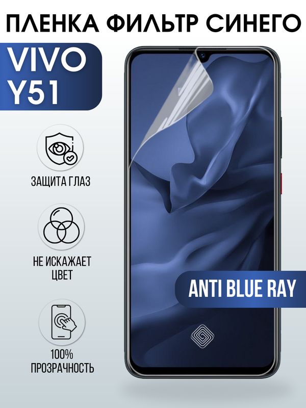 Защитная гидрогелевая пленка для смартфона Vivo Y51. Полиуретановая плёнка anti blue ray на мобильный телефон Виво У51, для защиты экрана.
