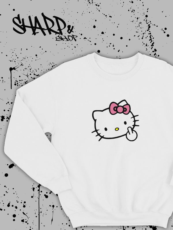 Свитшот Hello Kitty белый мужской Аниме Куроми оверсайз дрейн толстовка без капюшона с принтом Хелло Китти геншин импакт однотонная с надписью Хело Кити с рисунком с котом bts токийские мстители