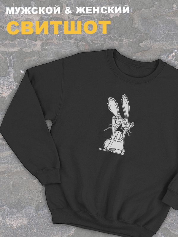 Женский свитшот оверсайз черный с принтом-рисунком Злой заяц кролик.