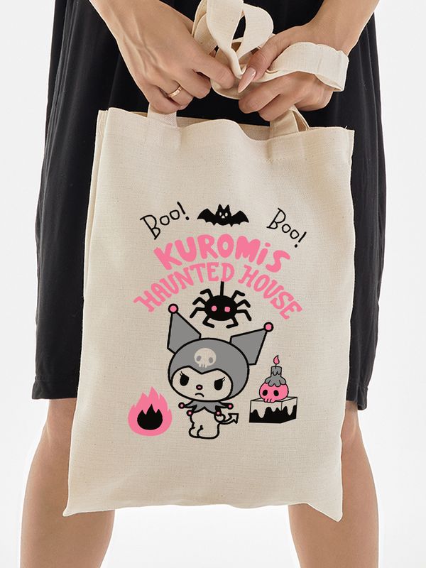 Шоппер бежевый с принтом Kuromis haunted house. Сумка Hello Kitty для шопинга на плечо тканевая, мужская и женская.