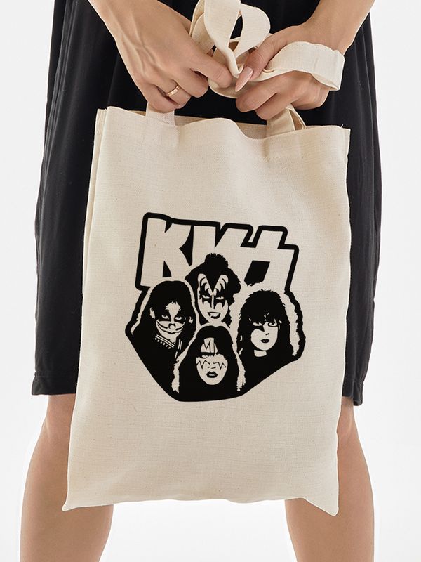 Шоппер бежевый с принтом Рок группа Kiss, участники. Сумка для шопинга на плечо тканевая, мужская и женская.