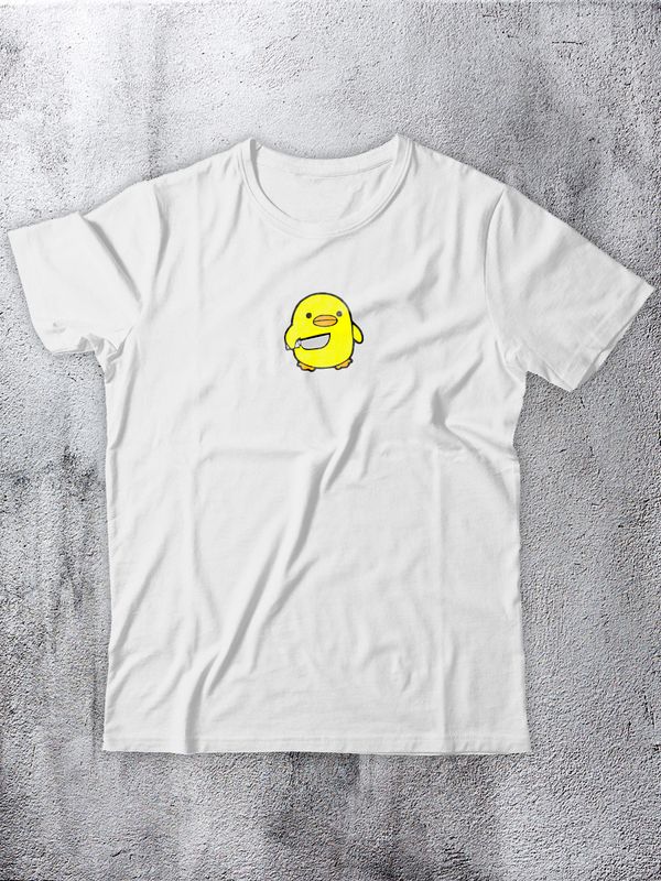 Футболка женская с надписью Утенок с ножом и рисунком, белая, прямая, аниме, оверсайз, унисекс, из хлопка. Парная одежда с принтом на подарок парню и девушке, подруге и парню, для спорта и дома.