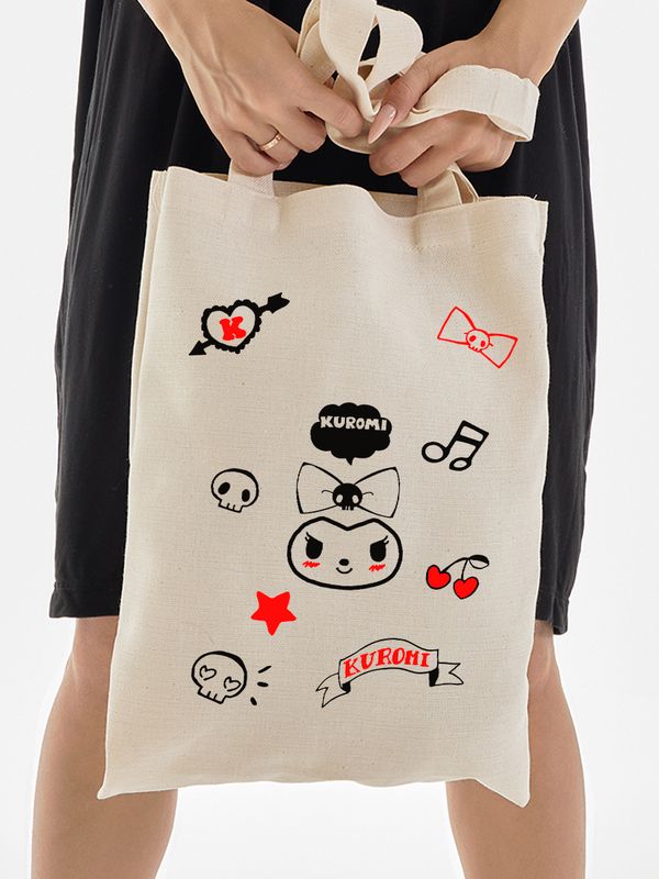 Шоппер бежевый с принтом Kuromi. Сумка Hello Kitty для шопинга на плечо тканевая, мужская и женская.