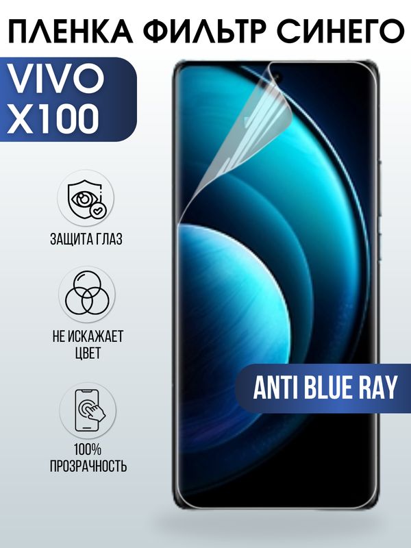 Защитная гидрогелевая пленка для смартфона Vivo X100. Полиуретановая плёнка anti blue ray на мобильный телефон Виво Х100, для защиты экрана.