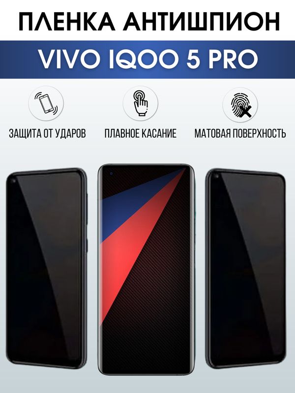 Защитная гидрогелевая пленка для смартфона Vivo IQOO 5 pro. Полиуретановая плёнка антишпион на мобильный телефон, для защиты экрана.
