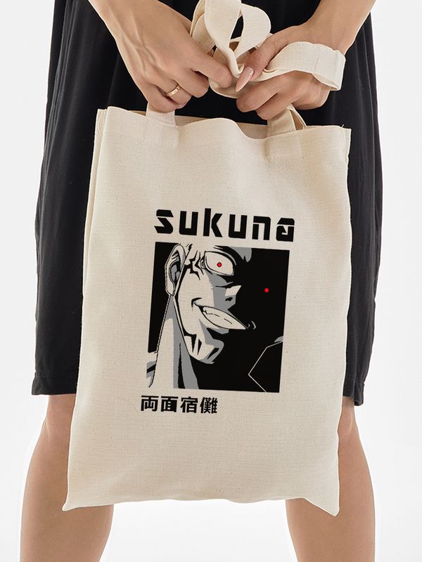 Сумка-шоппер бежевая, хлопок, с принтом аниме Магическая битва Sukuna.