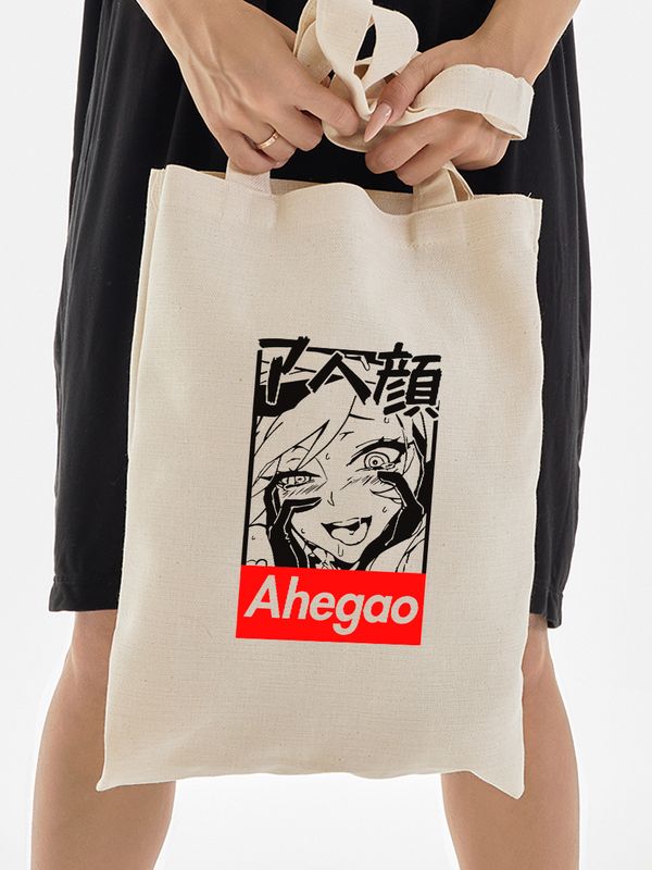 Бежевая сумка-шоппер, хлопок, с принтом аниме Хентай ahegao hentai.
