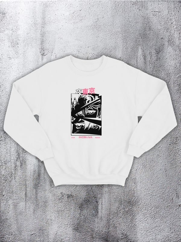 Женский белый свитшот без капюшона с принтом и надписью Shibuya унисекс, аниме, оверсайз. Парные вещи для влюбленных, жены и мужа, девушки и парня, для подруг, кофты, эко худи на подарок для двоих.