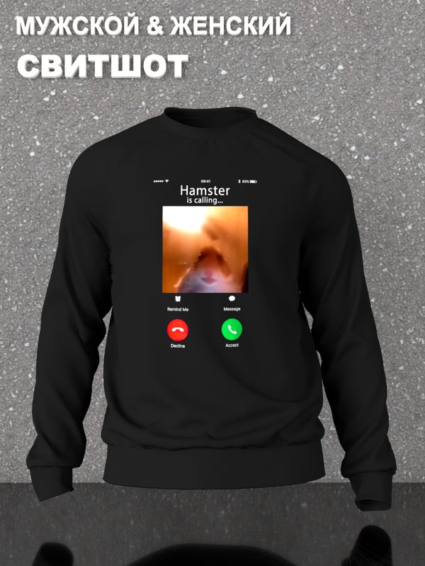 Свитшот мем хомяк смотрит в камеру звонит черная с принтом Свитшот мем хомяк смотрит в камеру звонит черная с принтом