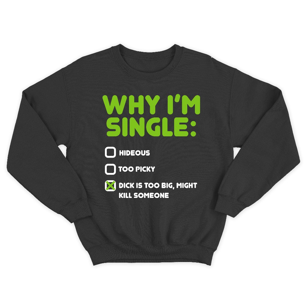 Прикольный мужской свитшот с надписью Why im single. Hideous, too picky, dick is too big, might kill someone.