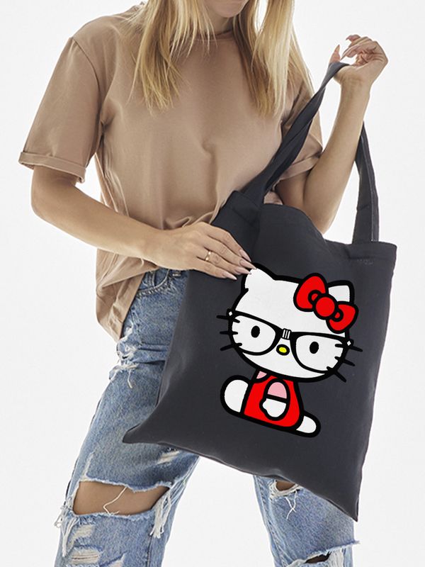 Сумка шоппер черный Аниме Hello Kitty Куроми дрейн тканевая с принтом Хелло Китти геншин импакт однотонный мягкий большая с надписью Хело Кити через плечо с котом bts токийские мстители