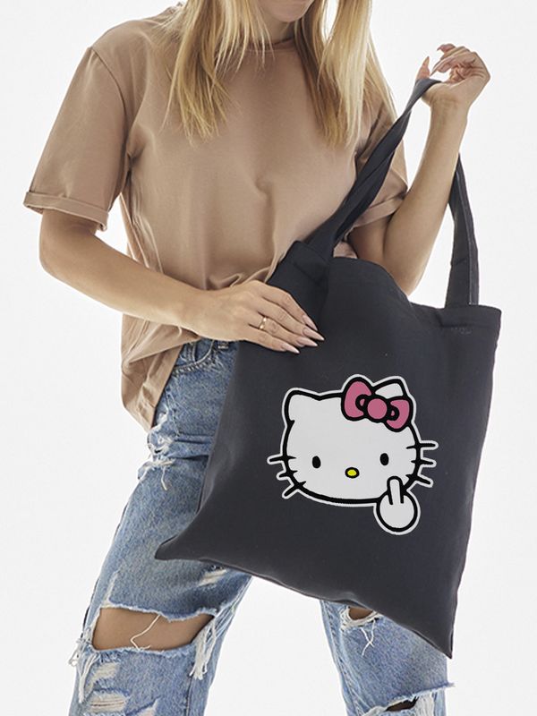 Сумка шоппер черный Аниме Hello Kitty Куроми дрейн тканевая с принтом Хелло Китти геншин импакт однотонный мягкий большая с надписью Хело Кити через плечо с котом bts токийские мстители