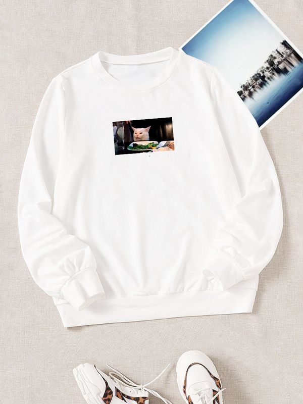 Свитшот Мем две женщины и кот прикол мемная белая с принтом Свитшот Мем две женщины и кот прикол мемная белая с принтом