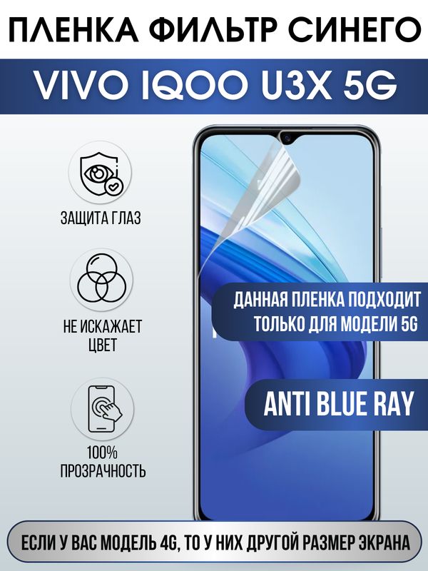 Защитная гидрогелевая пленка для смартфона Vivo IQOO U3x 5g. Полиуретановая плёнка anti blue ray на мобильный телефон, для защиты экрана.