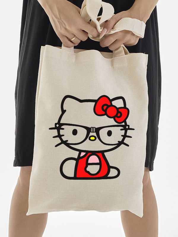 Сумка шоппер бежевый Аниме Hello Kitty Куроми дрейн тканевая с принтом Хелло Китти геншин импакт однотонный мягкий большая с надписью Хело Кити через плечо с котом bts токийские мстители