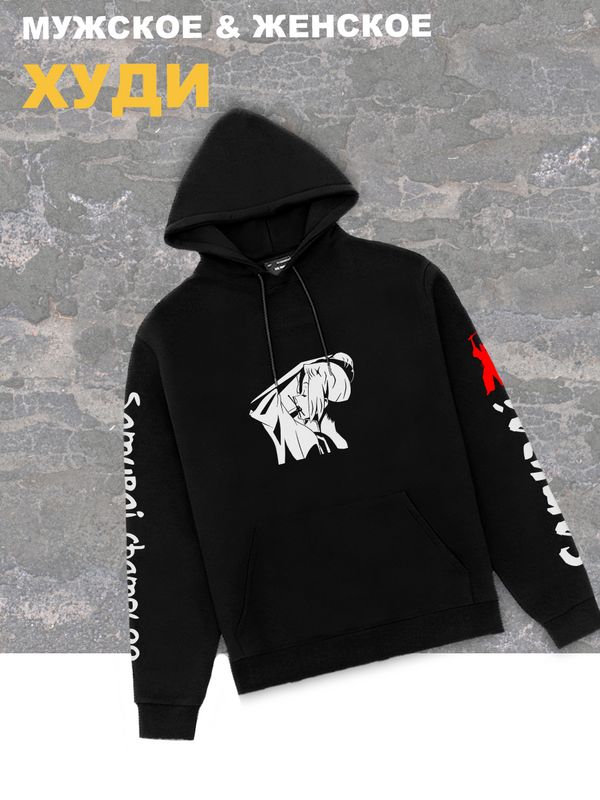 Мужское худи оверсайз черное с принтом аниме Тян самурай samurai.
