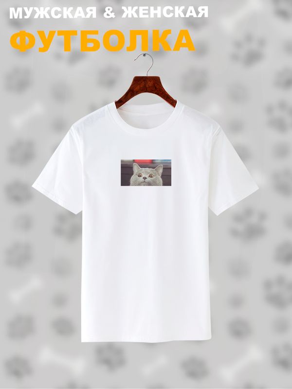 Футболка Серый кот мем мемный котик улыбается прикол с принтом котэ