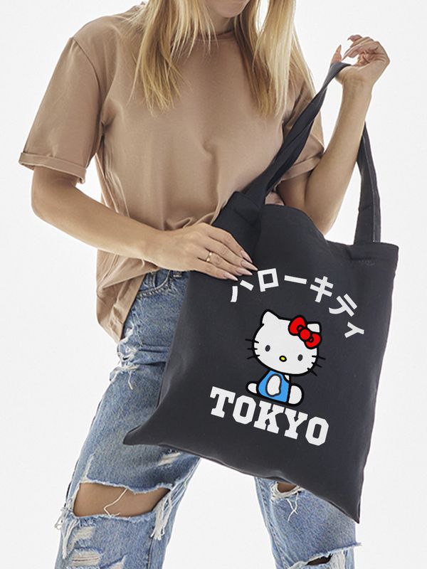 Сумка шоппер черный Аниме Hello Kitty Куроми дрейн тканевая с принтом Хелло Китти геншин импакт однотонный мягкий большая с надписью Хело Кити через плечо с котом bts токийские мстители
