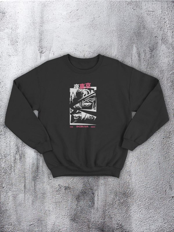 Женский черный свитшот без капюшона с принтом и надписью Shibuya унисекс, аниме, оверсайз. Парные вещи для влюбленных, жены и мужа, девушки и парня, для подруг, кофты, эко худи на подарок для двоих.