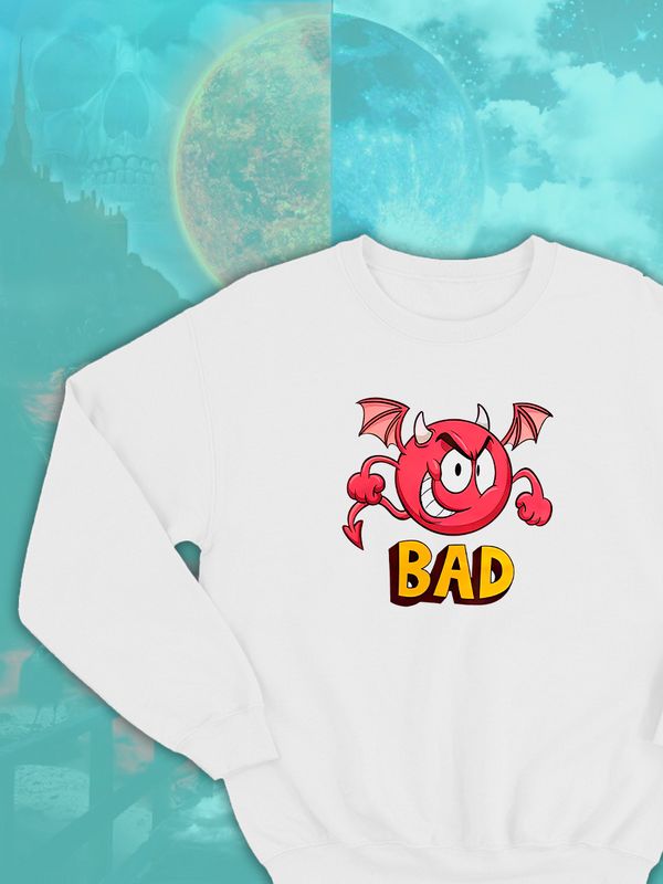 Парные свитшоты черт плохой смайл bad devil белая мужская с принтом дьявол и ангел для влюбленных пар парня и девушки, двоих подруг и друзей, мемная, парная одежда underground y2k оверсайз Парные свитшоты черт плохой смайл bad devil белая мужская с принтом дьявол и ангел для влюбленных пар парня и девушки, двоих подруг и друзей, мемная, парная одежда underground y2k оверсайз