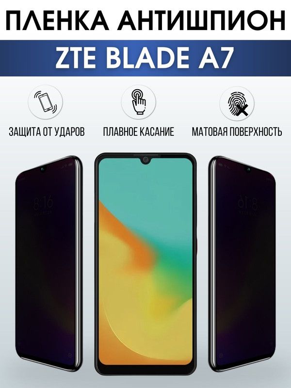 Защитная гидрогелевая пленка для смартфона ZTE Blade a7. Полиуретановая плёнка антишпион на мобильный телефон ЗТЕ Блейд а7, для защиты экрана.