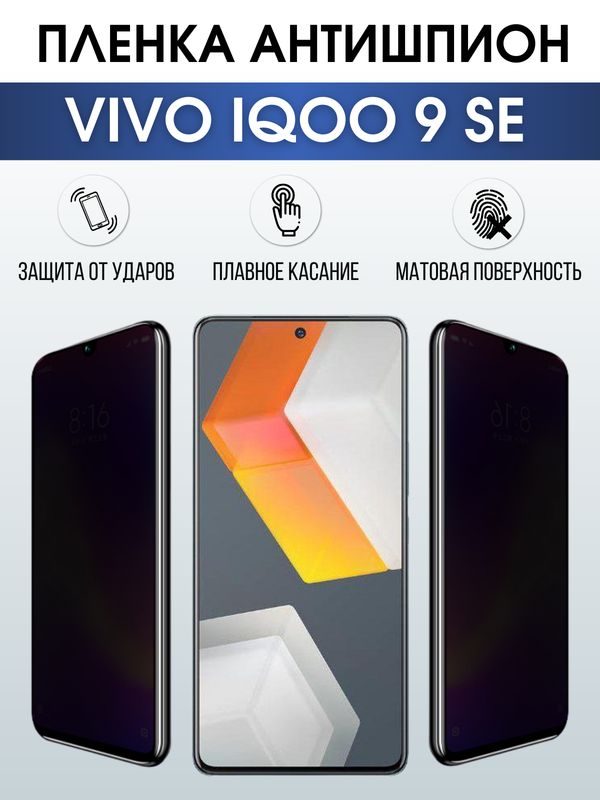 Защитная гидрогелевая пленка для смартфона Vivo IQOO 9 se. Полиуретановая плёнка антишпион на мобильный телефон, для защиты экрана.