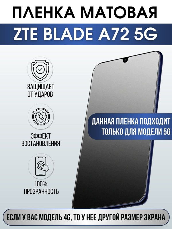 Защитная гидрогелевая пленка для смартфона ZTE Blade a72 5g. Матовая полиуретановая плёнка на мобильный телефон ЗТЕ Блейд а72 5г, для защиты экрана.