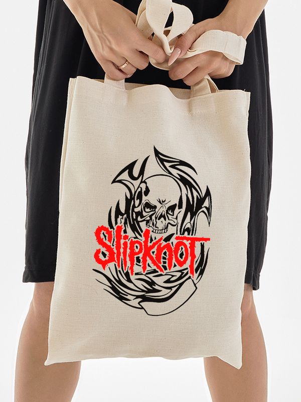 Шоппер бежевый с принтом Slipknot. Сумка для шопинга на плечо тканевая, мужская и женская.