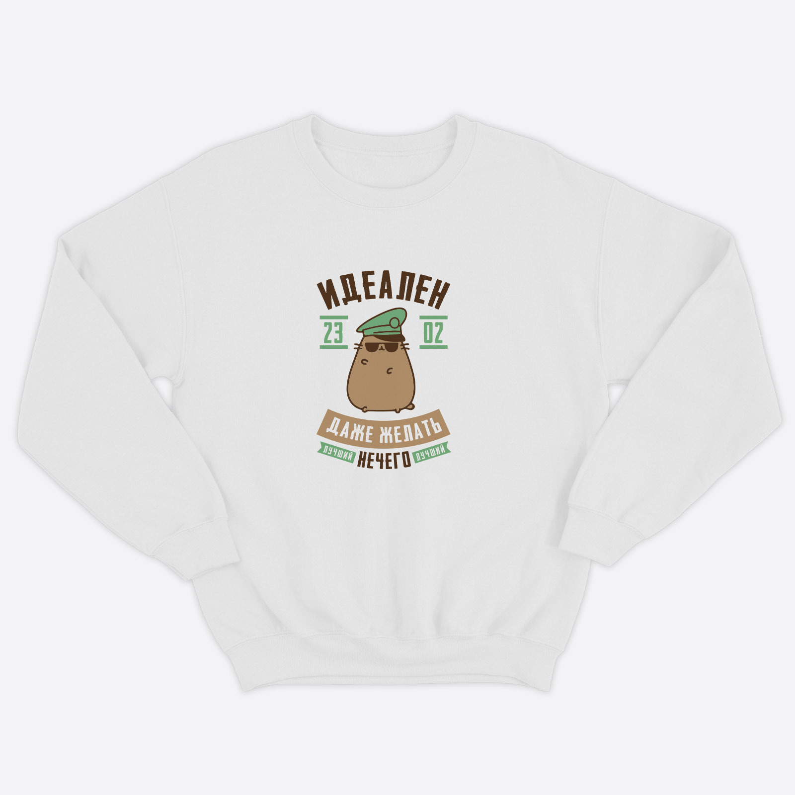 Свитшот для мужчины с интересной надписью Идеален. Даже желать нечего. Стильная толстовка без капюшона.