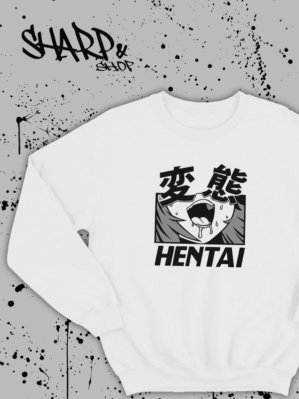 Черный и белый женский и мужской свитшот аниме с принтом хентай, оверсайз толстовка без капюшона с рисунком anime ахегао и надписью, oversize кофта унисекс для мальчика, девочки, подростка. Черный и белый женский и мужской свитшот аниме с принтом хентай, оверсайз толстовка без капюшона с рисунком anime ахегао и надписью, oversize кофта унисекс для мальчика, девочки, подростка.
