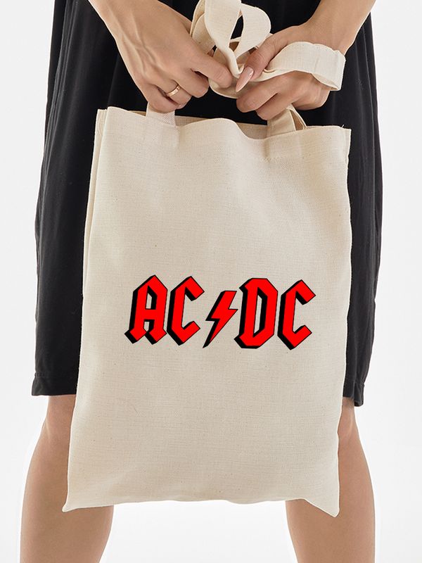 Шоппер бежевый с принтом ACDC. Сумка для шопинга на плечо тканевая, мужская и женская.
