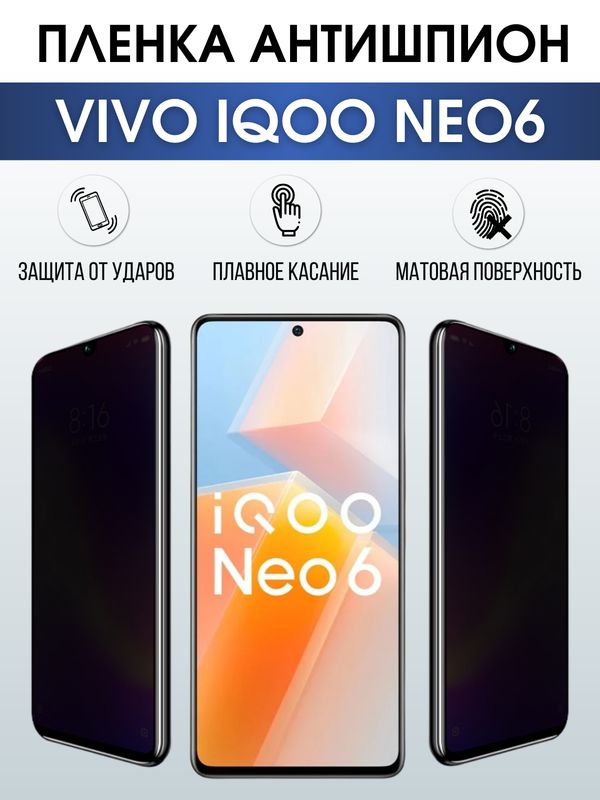Защитная гидрогелевая пленка для смартфона Vivo IQOO NEO6. Полиуретановая плёнка антишпион на мобильный телефон, для защиты экрана.