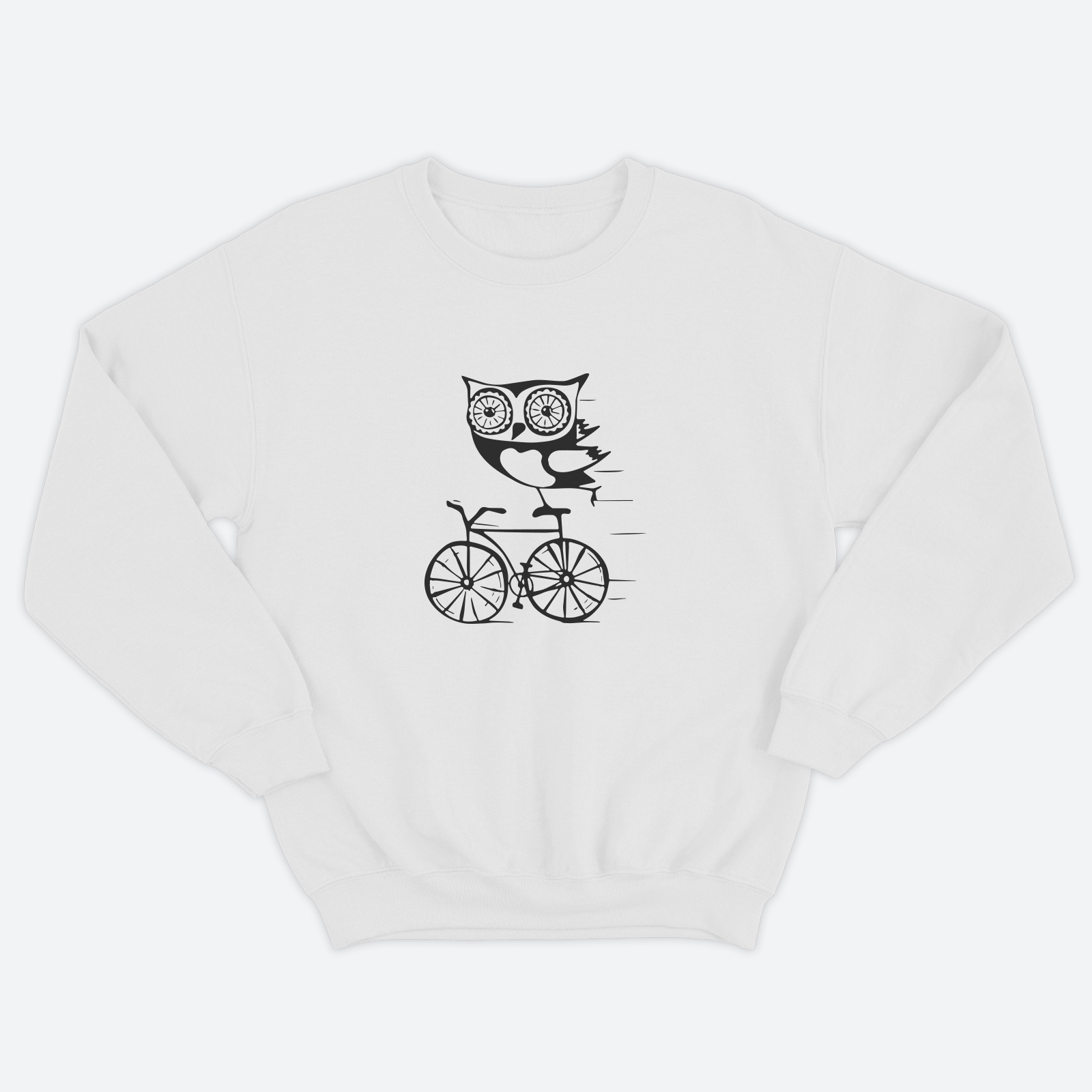 Женский свитшот с прикольным принтом Сова на велосипеде / Женская толстовка без капюшона с надписью