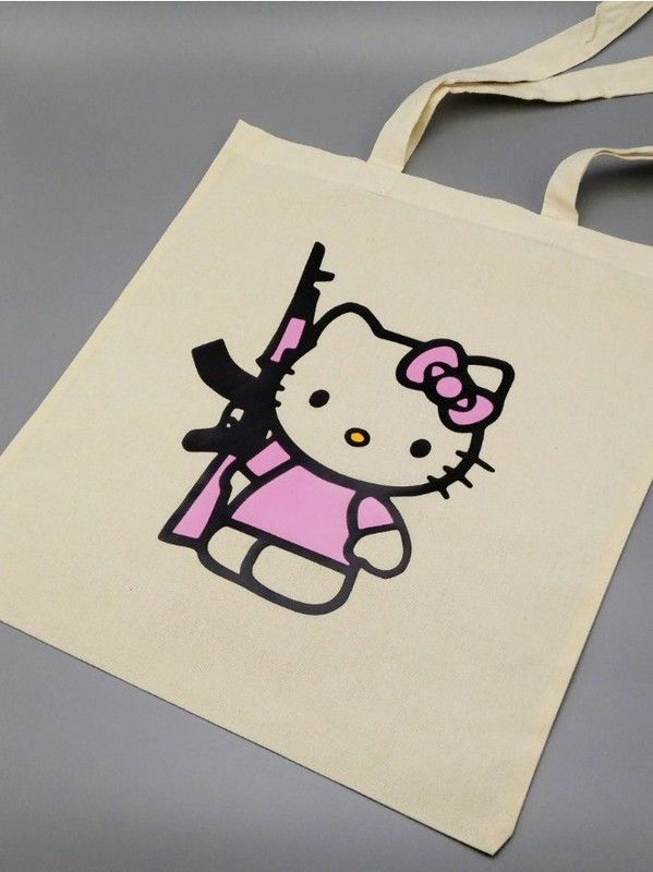 Сумка шоппер бежевый Аниме Hello Kitty Куроми дрейн тканевая с принтом Хелло Китти геншин импакт однотонный мягкий большая с надписью Хело Кити через плечо с котом bts токийские мстители