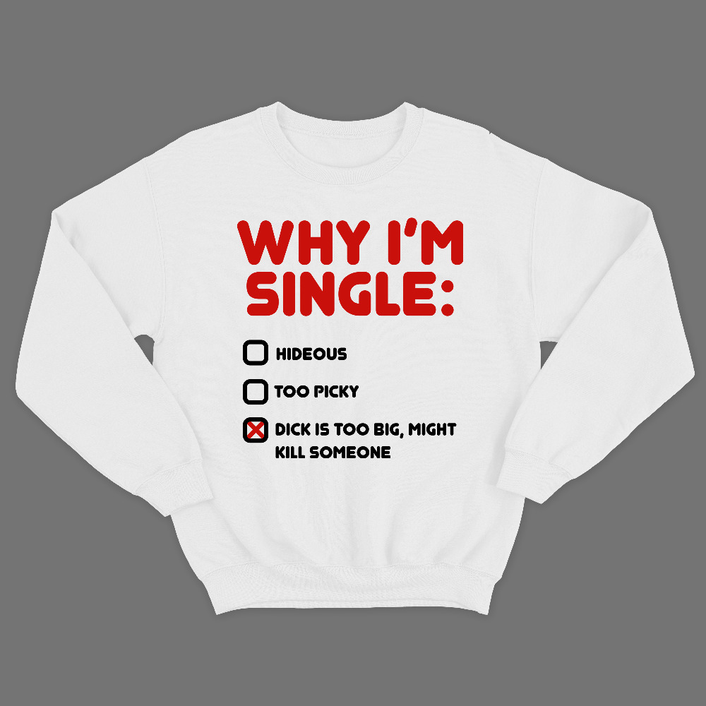 Прикольный мужской свитшот с надписью Why im single. Hideous, too picky, dick is too big, might kill someone.