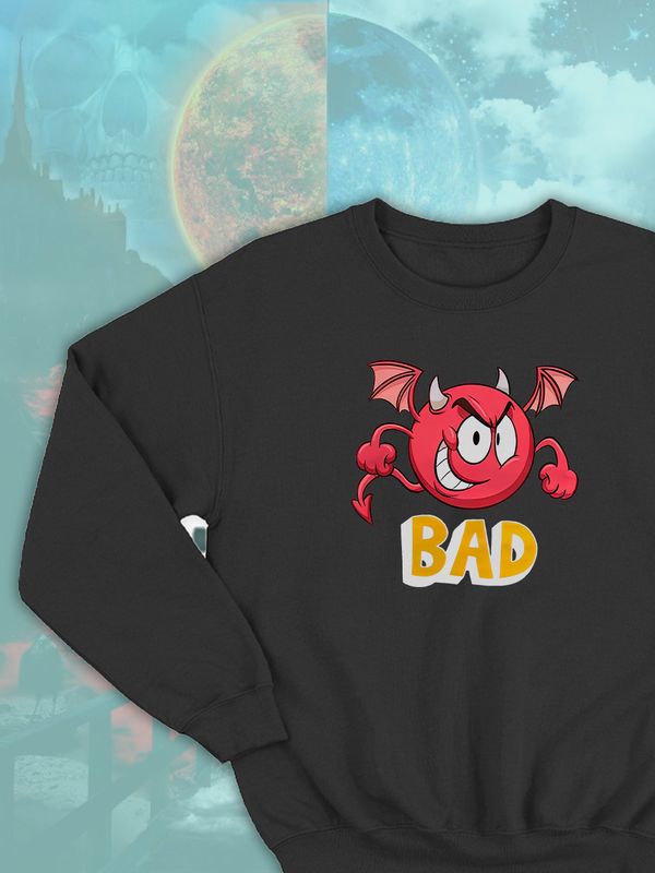 Парные свитшоты черт плохой смайл bad devil черная мужская с принтом дьявол и ангел для влюбленных пар парня и девушки, двоих подруг и друзей, мемная, парная одежда underground y2k оверсайз Парные свитшоты черт плохой смайл bad devil черная мужская с принтом дьявол и ангел для влюбленных пар парня и девушки, двоих подруг и друзей, мемная, парная одежда underground y2k оверсайз