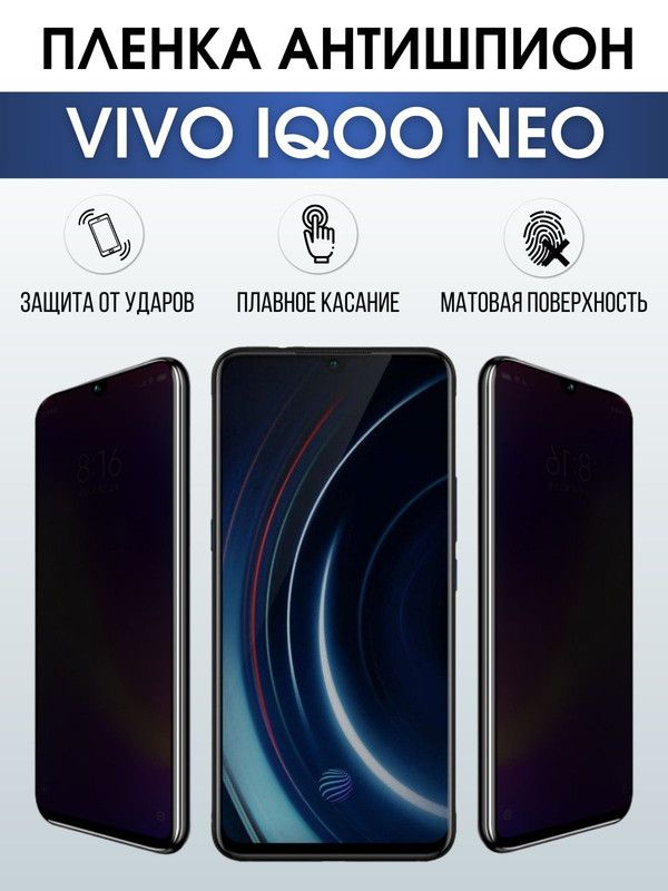 Защитная гидрогелевая пленка для смартфона Vivo IQOO NEO. Полиуретановая плёнка антишпион на мобильный телефон, для защиты экрана.