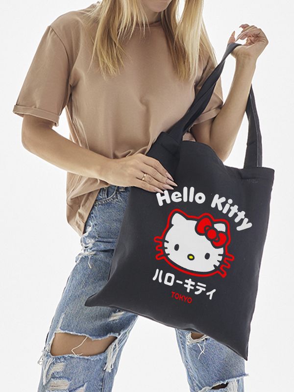 Сумка шоппер черный Аниме Hello Kitty Куроми дрейн тканевая с принтом Хелло Китти геншин импакт однотонный мягкий большая с надписью Хело Кити через плечо с котом bts токийские мстители