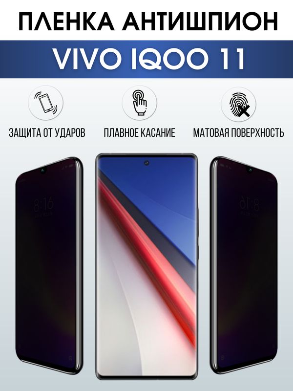 Защитная гидрогелевая пленка для смартфона Vivo IQOO 11. Полиуретановая плёнка антишпион на мобильный телефон, для защиты экрана.