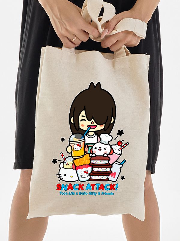 Сумка шоппер с принтом Toca Boca and Hello Kitty и прикольной надписью snack attack. Детский шоппер Тока Бока и Хеллоу Китти для мальчика и девочки. Тканевая сумка подростковая на плечо кежуал.