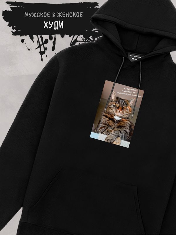Худи с принтом Кот оверсайз черное. Худи унисекс с мемной надписью 