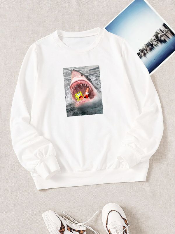 Свитшот с принтом спанч боб и бела акула оверсайз белый. Свитшот акула для девочек и мальчиков унисекс в стиле кэжуал. Свитшот с принтом спанч боб и бела акула оверсайз белый. Свитшот акула для девочек и мальчиков унисекс в стиле кэжуал.