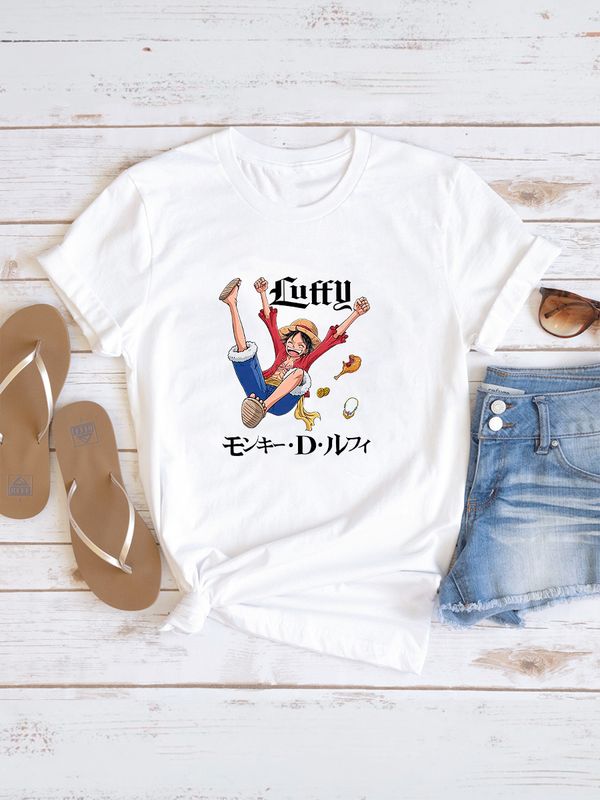 Футболка луффи ван пис и аниме One piece Luffy с принтом retro anime aesthetic эстетика в стиле ретро с японскими иероглифами, белая женская и мужская прикольная андеграунд одежда кэжуал casual y2k.