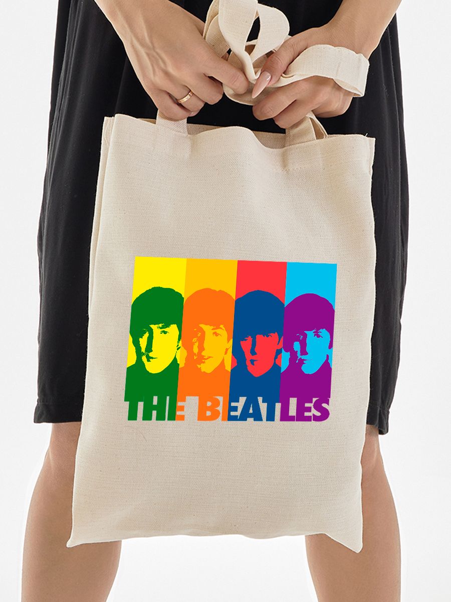 Шоппер бежевый с принтом Beatles Рок группа . Сумка для шопинга на плечо тканевая, мужская и женская.