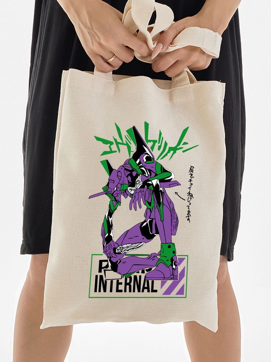 Шоппер с принтом из мультсериала Евангелион. Тканевая сумка Evangelion Eva 01 в стиле street style для молодежи.